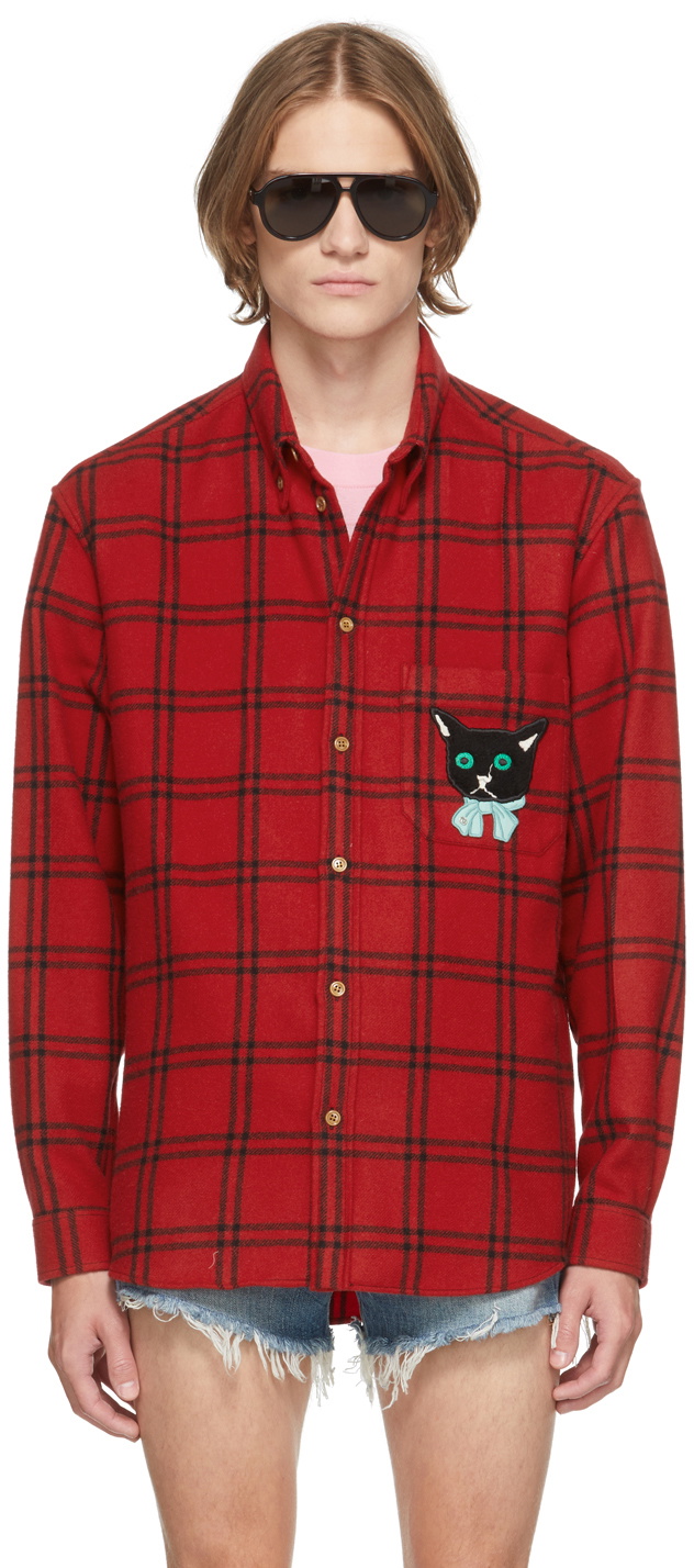 Gucci Checked Logo-jacquard Wool Shirt in Red for Men