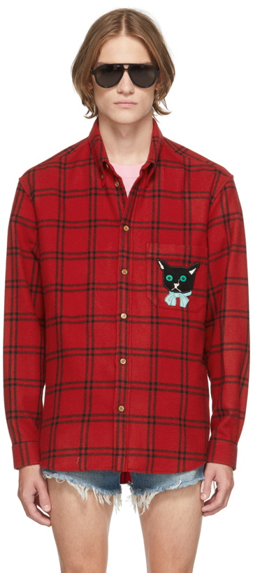 Photo: Gucci Red & Black Check Cat Patch Shirt