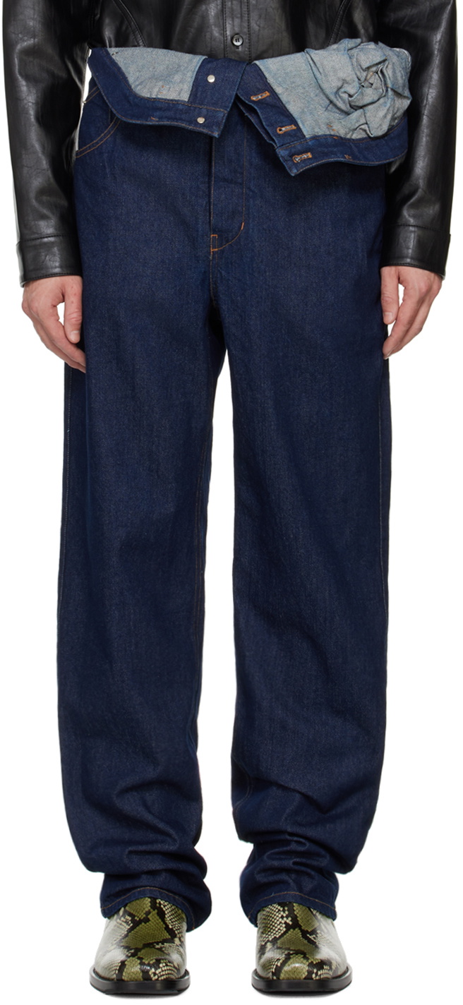 Juntae Kim Indigo Asymmetric Flower Jeans