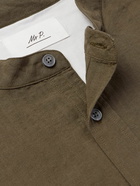 Mr P. - Grandad-Collar Organic Cotton and Linen-Blend Seersucker Shirt - Green