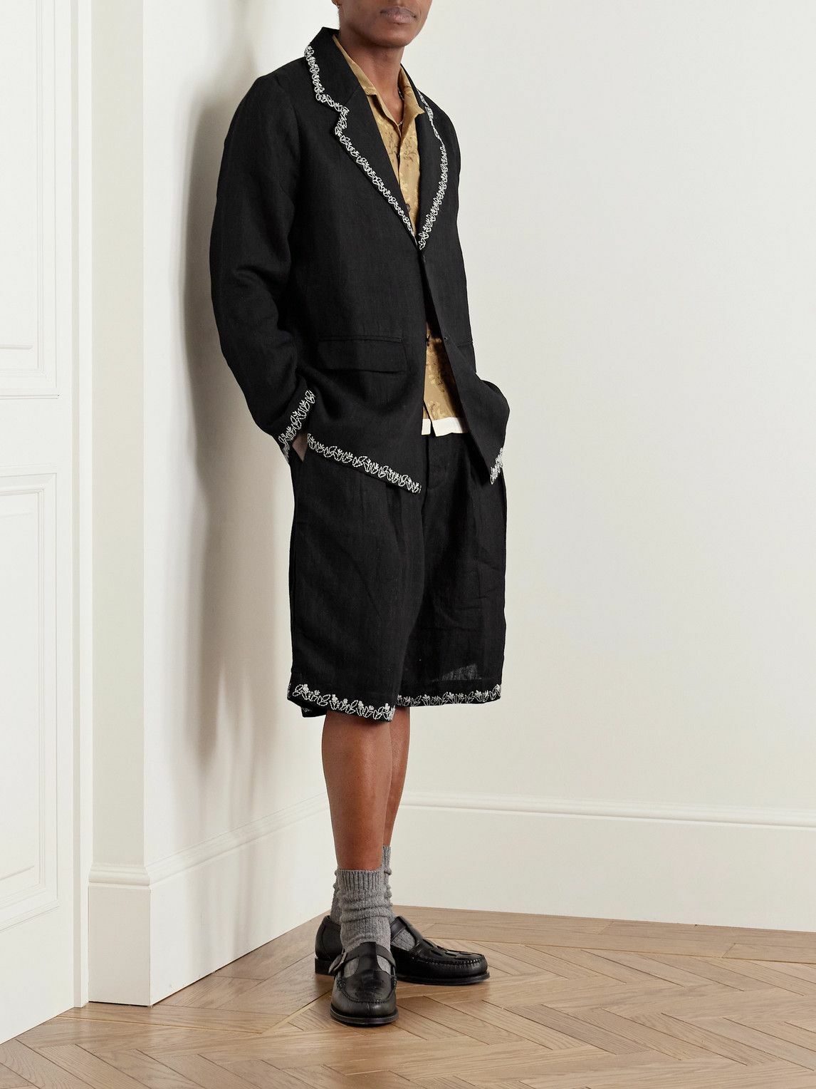 Kartik Research - Straight-Leg Pleated Embroidered Linen Shorts - Black