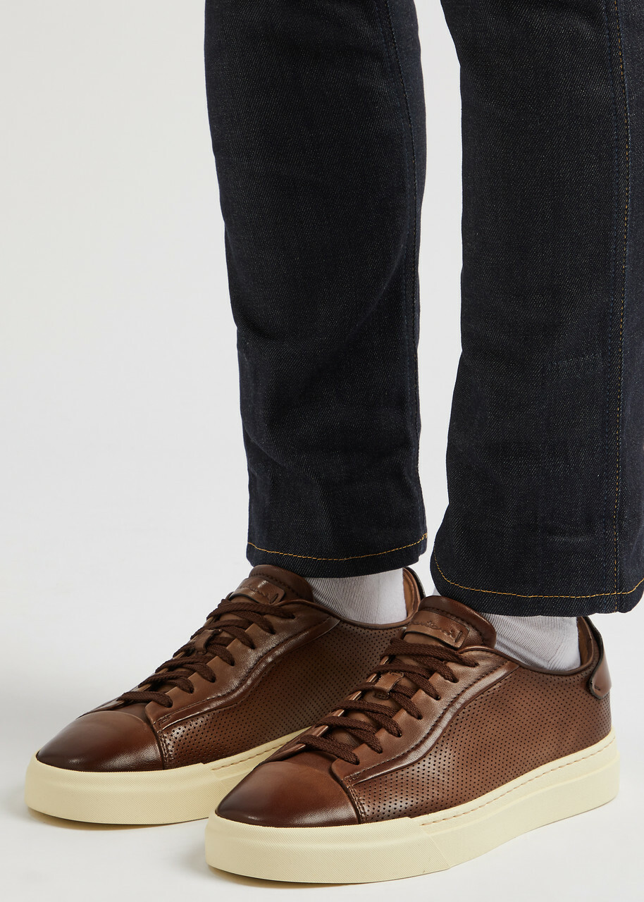 Santoni Ducting Perforated Leather Sneakers Brown 6, Santoni Trainers, Lace up Front