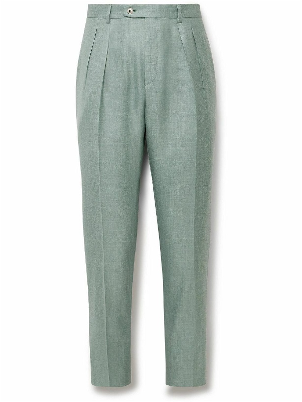 Photo: Brioni - Ischia Slim-Fit Pleated Silk, Cashmere and Linen-Blend Suit Trousers - Green