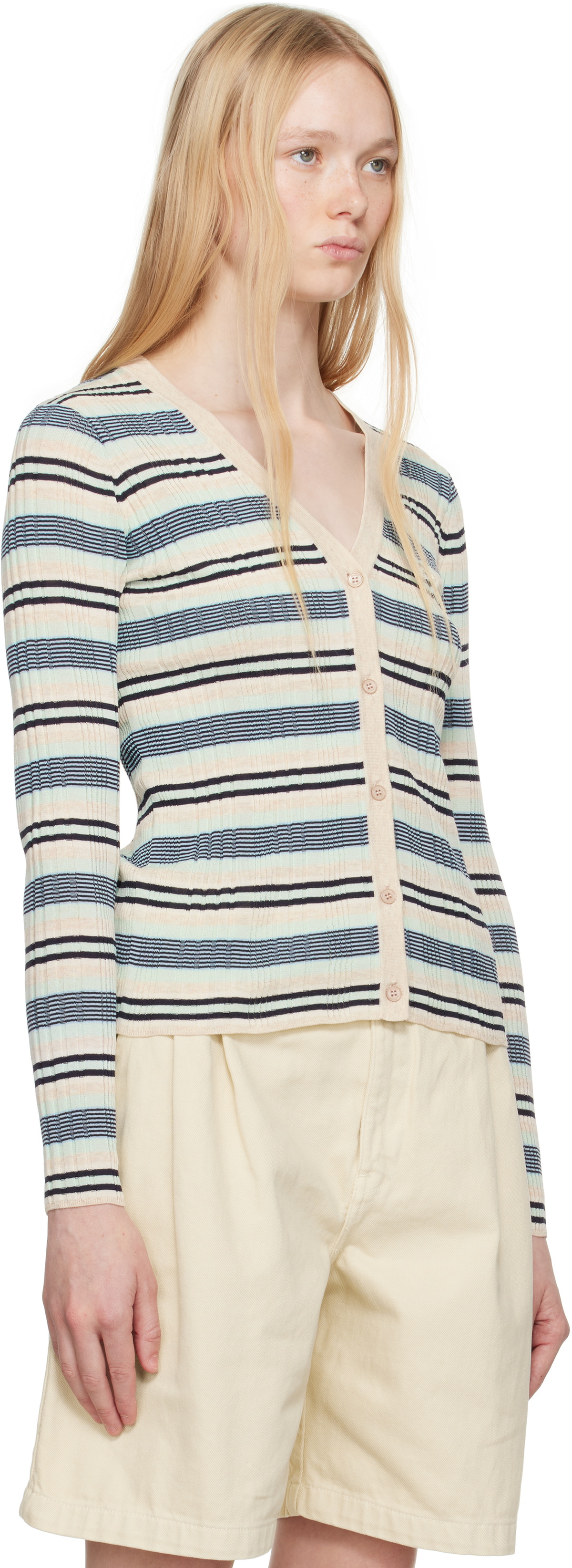Maison Kitsuné Beige & Blue Fine Rib Striped Cardigan
