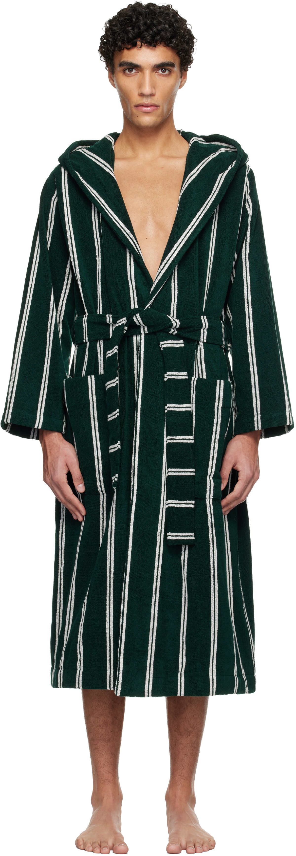 Tekla Green & White Terry Hooded Bathrobe