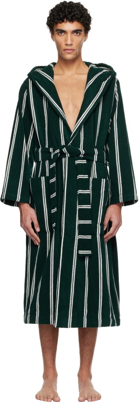 Photo: Tekla Green & White Terry Hooded Bathrobe