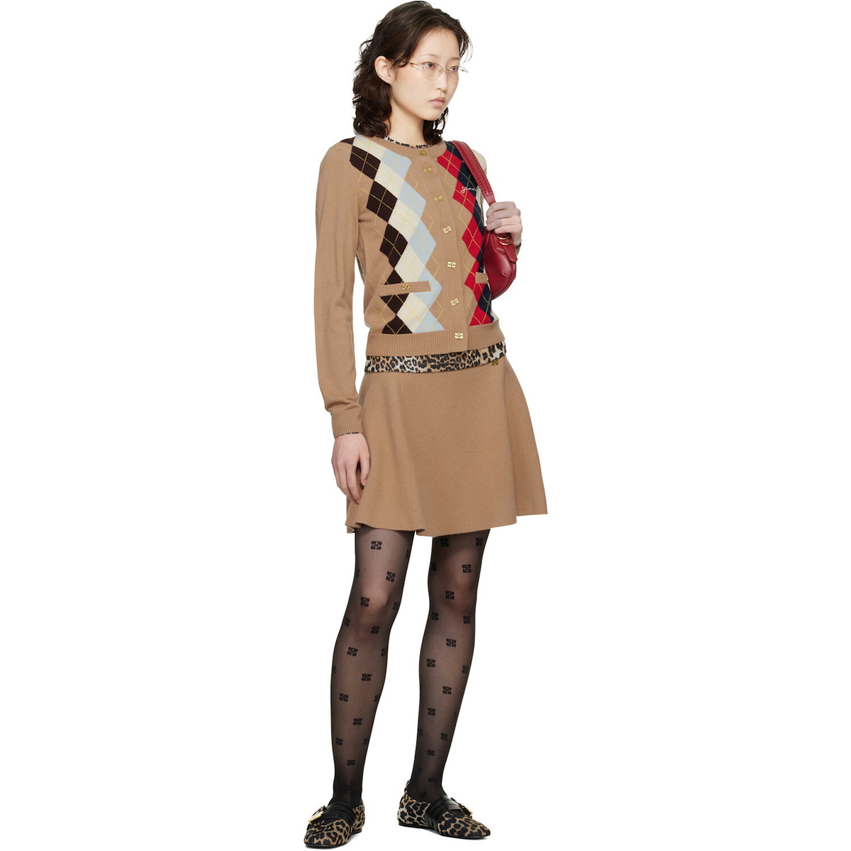 GANNI Beige Argyle Print Cardigan