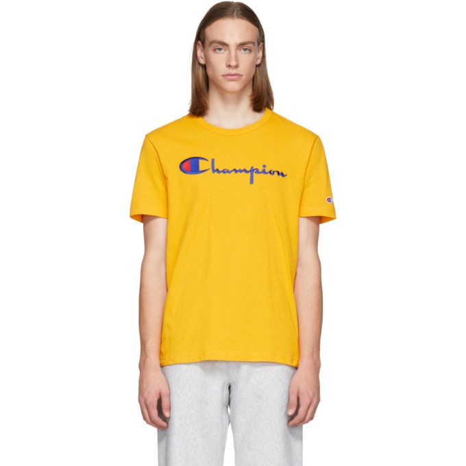 Photo: Champion Reverse Weave Yellow Script Logo T-Shirt