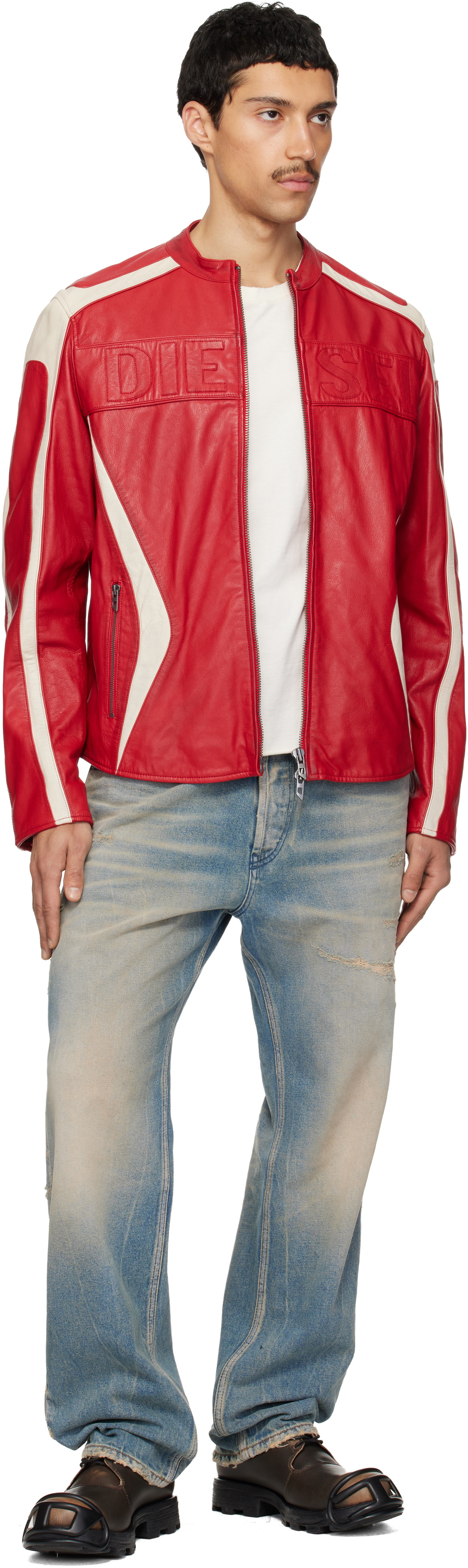 Diesel Red & Off-White L-Adam Leather Jacket