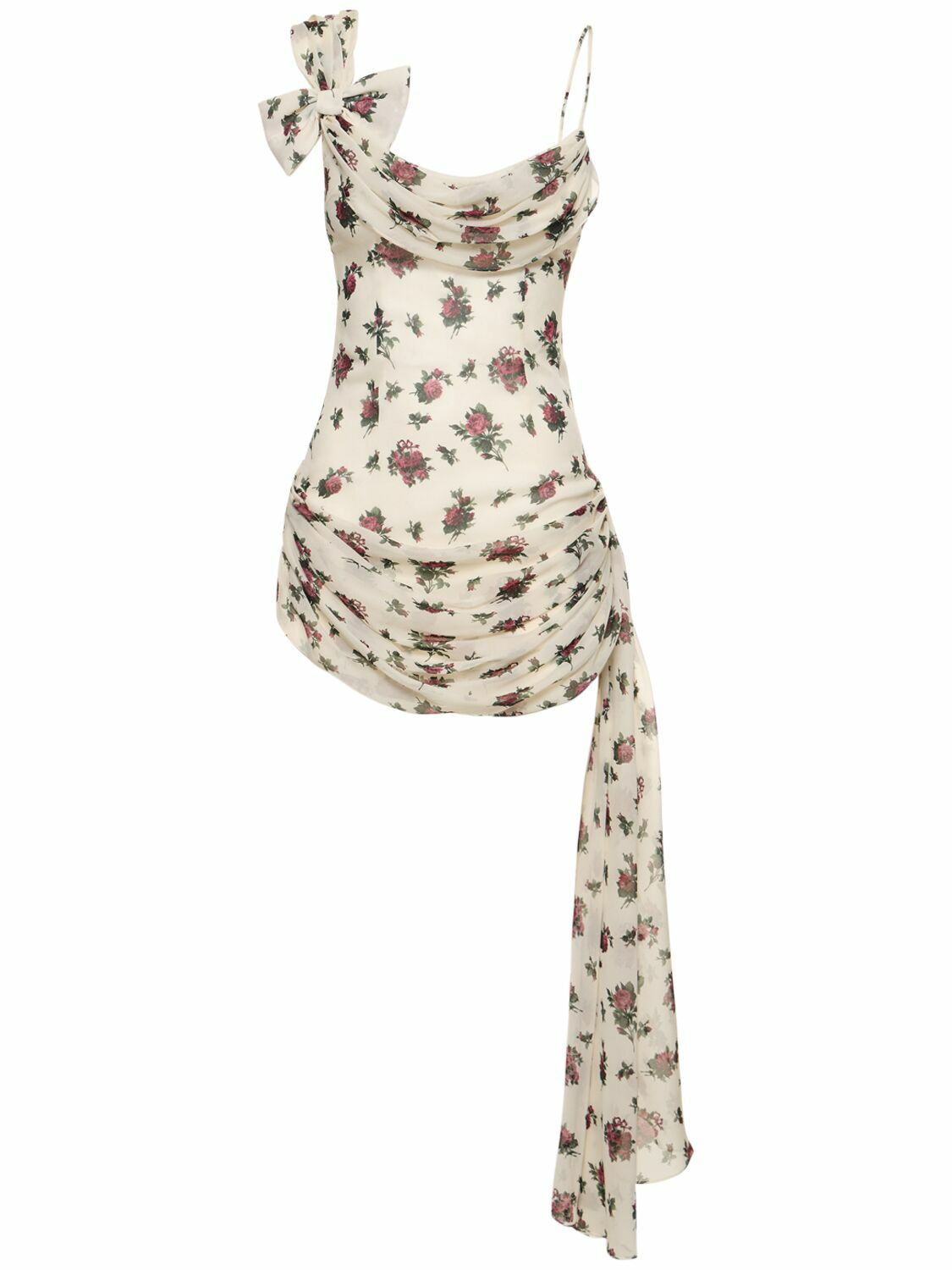 Print Draped Silk Twill Mini Dress W/bow