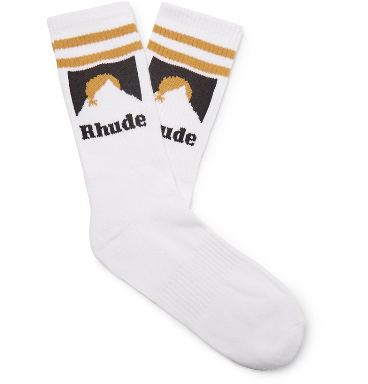 Photo: Rhude - Logo-Jacquard Ribbed Stretch-Cotton Socks - White