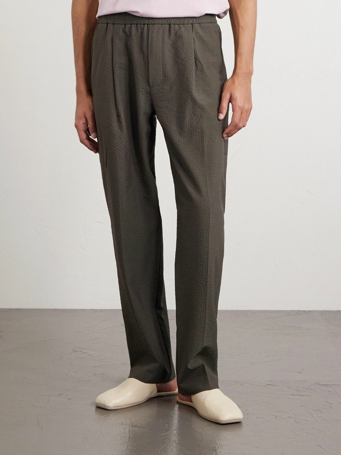 Altea - Straight-Leg Pleated Wool-Blend Seersucker Trousers - Green
