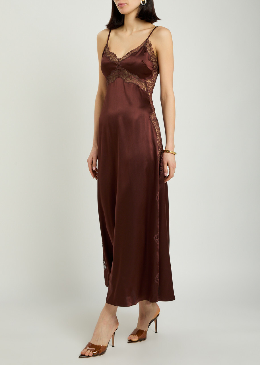 Reformation Ericka Lace-trim Silk Midi Slip Dress Dark Brown
