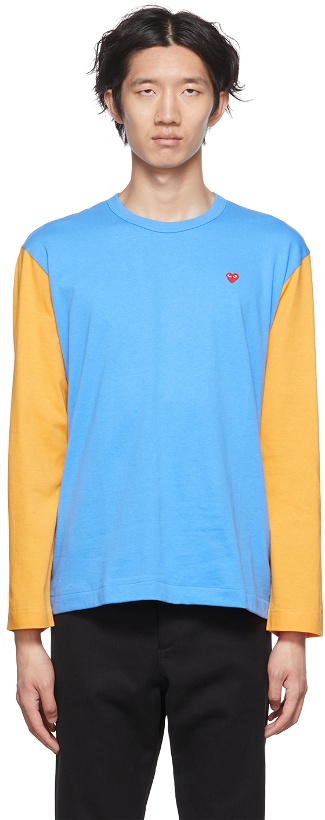 Photo: COMME des GARÇONS PLAY Blue & Yellow Heart Long Sleeve T-Shirt