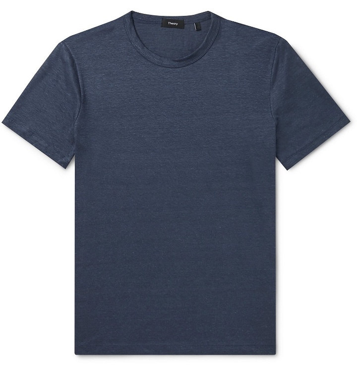 Photo: Theory - Essential Flex Stretch-Linen T-Shirt - Blue