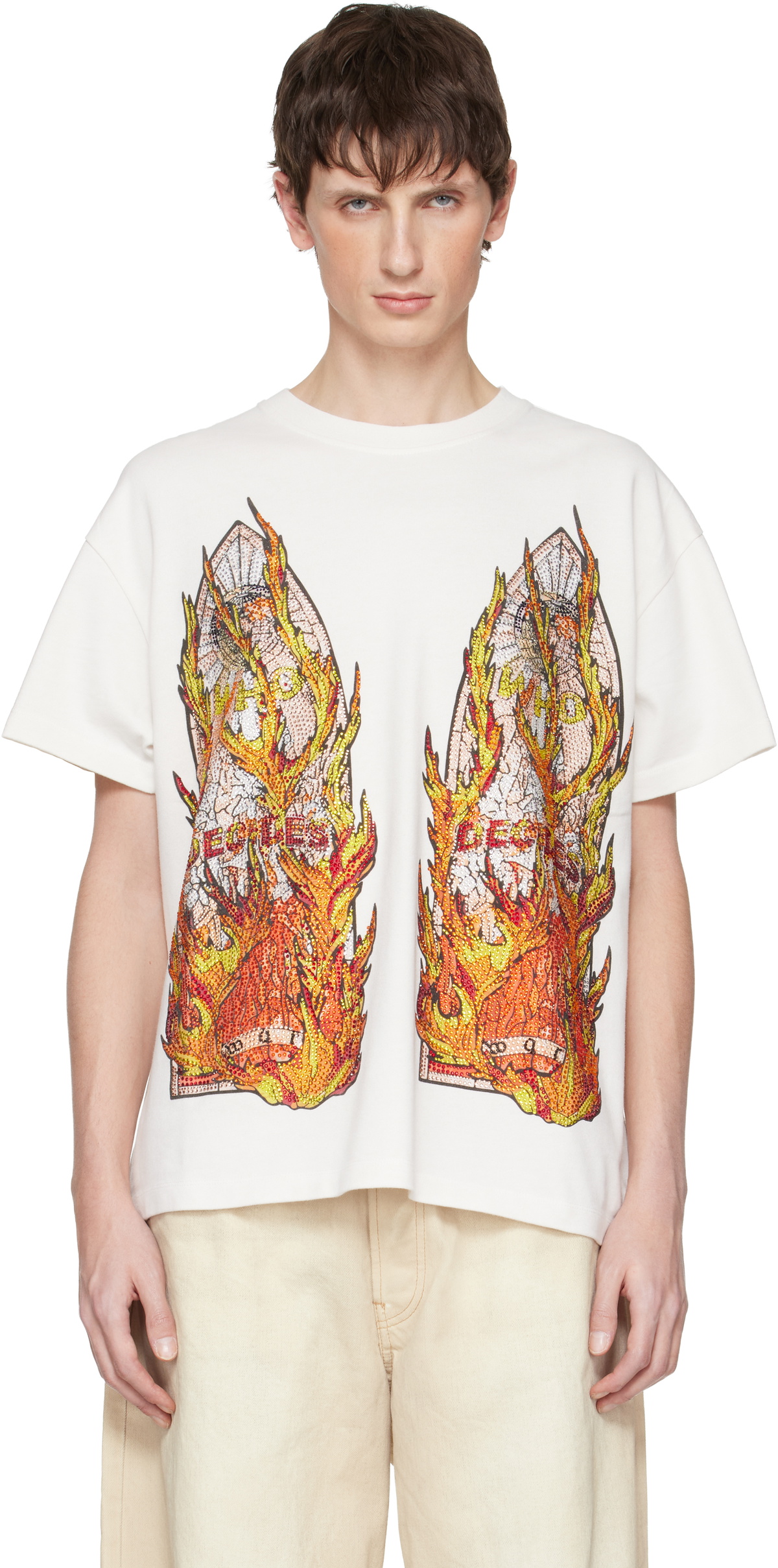 Who Decides War White Rhinestone Flame Glass T-shirt