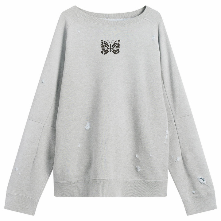 Photo: Needles Men's Deconstructed Crew Neck Sweatshirt in Heather Grey