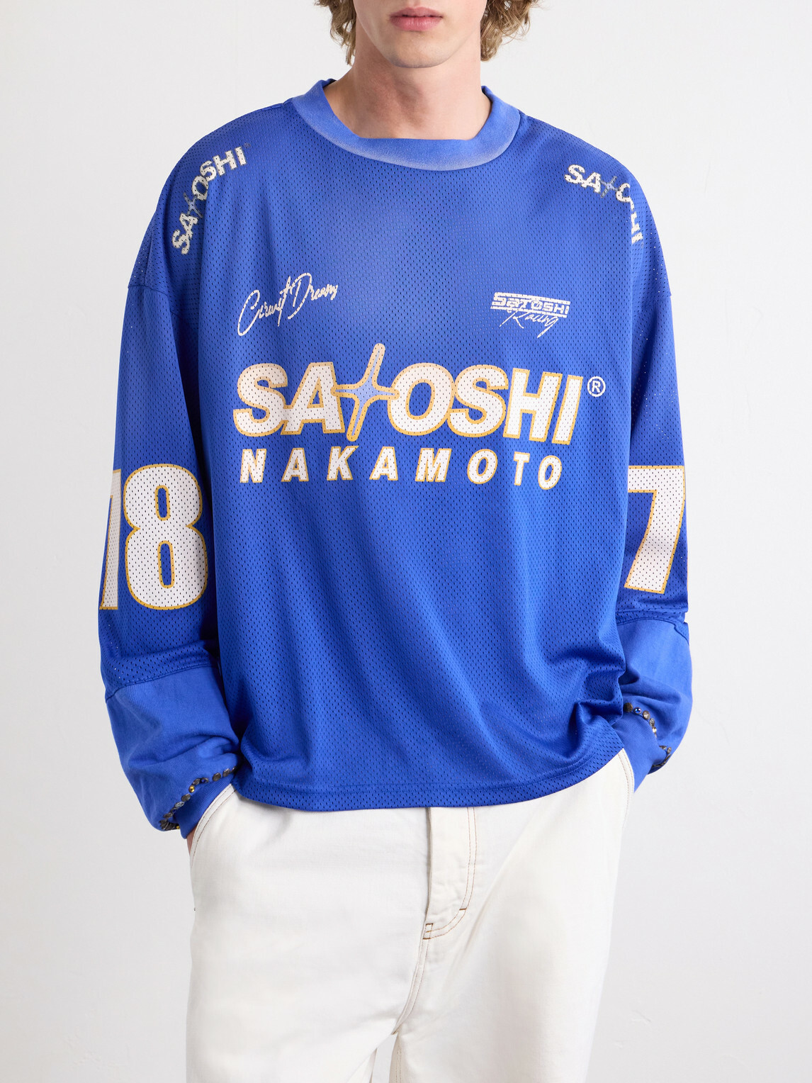 Satoshi Nakamoto - Moto Logo-Print Mesh T-Shirt - Blue