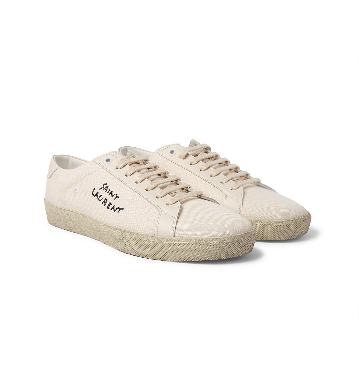 SAINT LAURENT - SL/06 Court Classic Leather-Trimmed Logo-Embroidered Distressed Canvas Sneakers - Neutrals