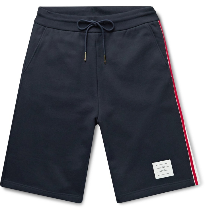 Photo: Thom Browne - Striped Grosgrain-Trimmed Loopback Cotton-Jersey Shorts - Blue