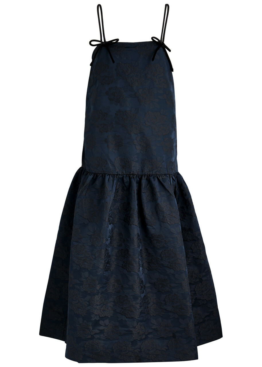 Ganni Floral-jacquard Satin Midi Dress Dark Blue GANNI