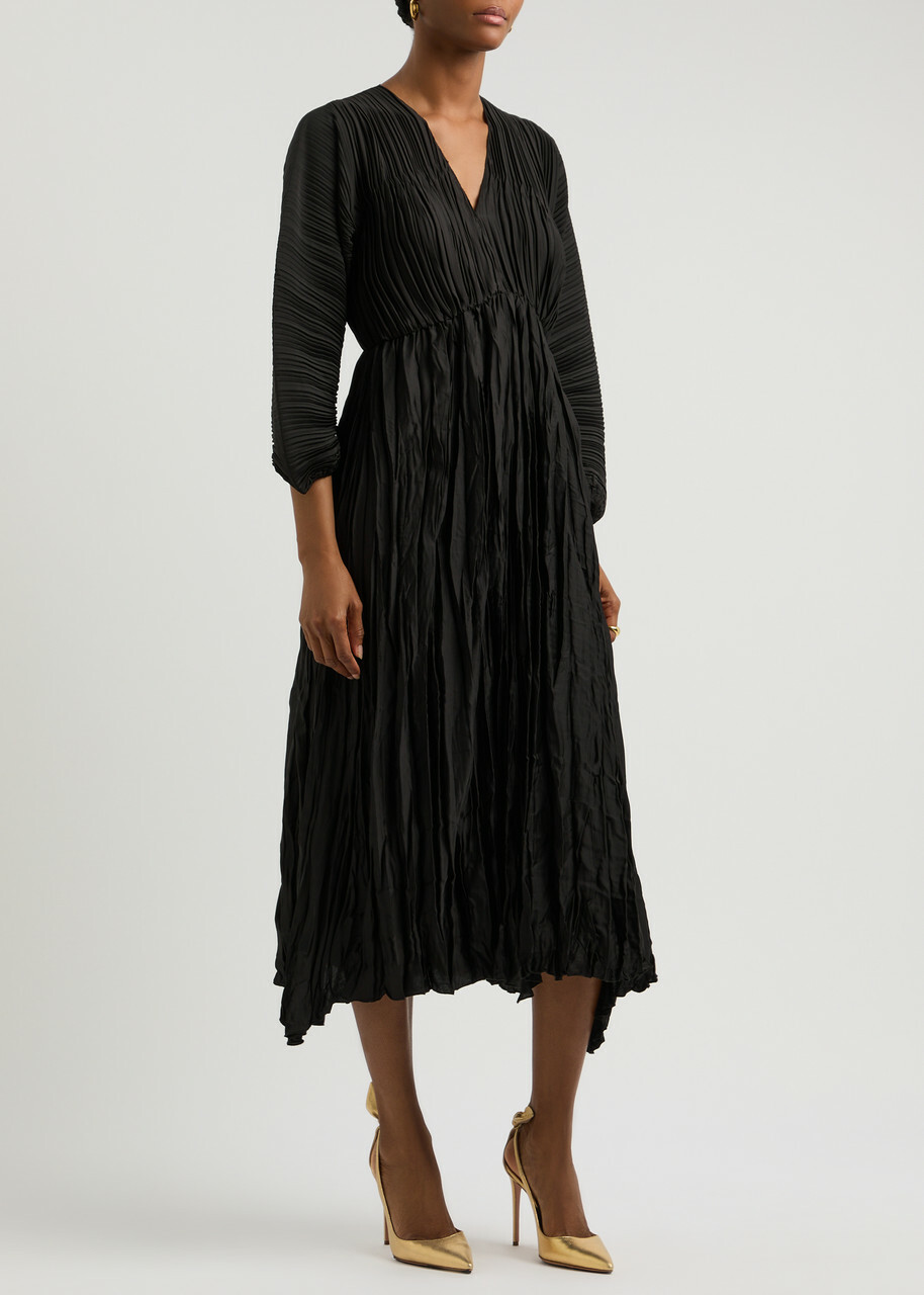 Forte_forte Plissé Satin Midi Dress Black