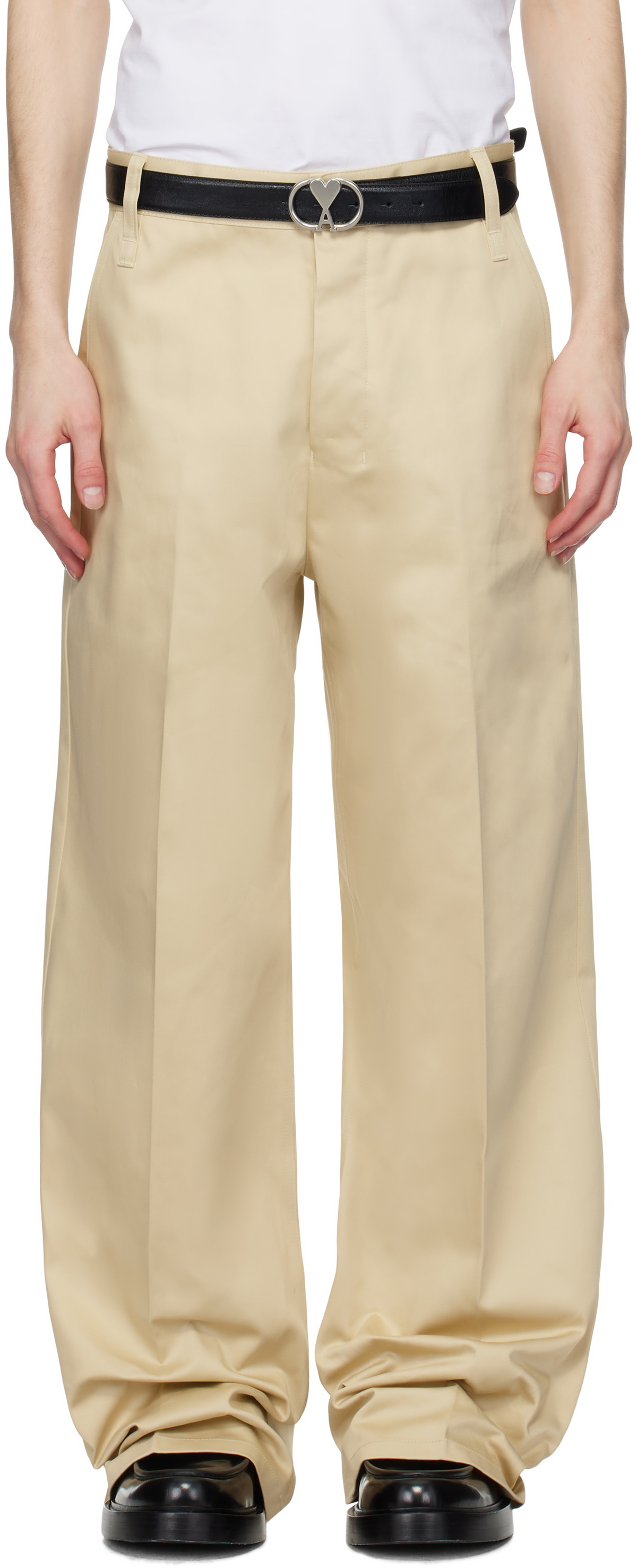AMI Paris Beige Cotton Baggy Fit Trousers AMI