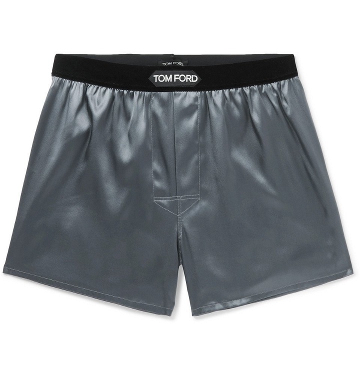 Photo: TOM FORD - Velvet-Trimmed Stretch-Silk Satin Boxer Shorts - Dark gray