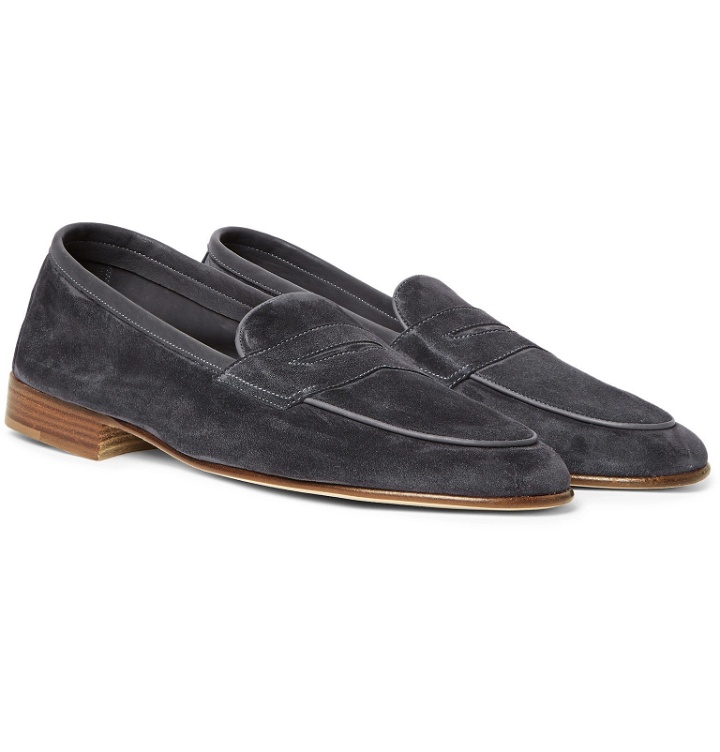 Photo: Edward Green - Polperro Leather-Trimmed Suede Penny Loafers - Gray