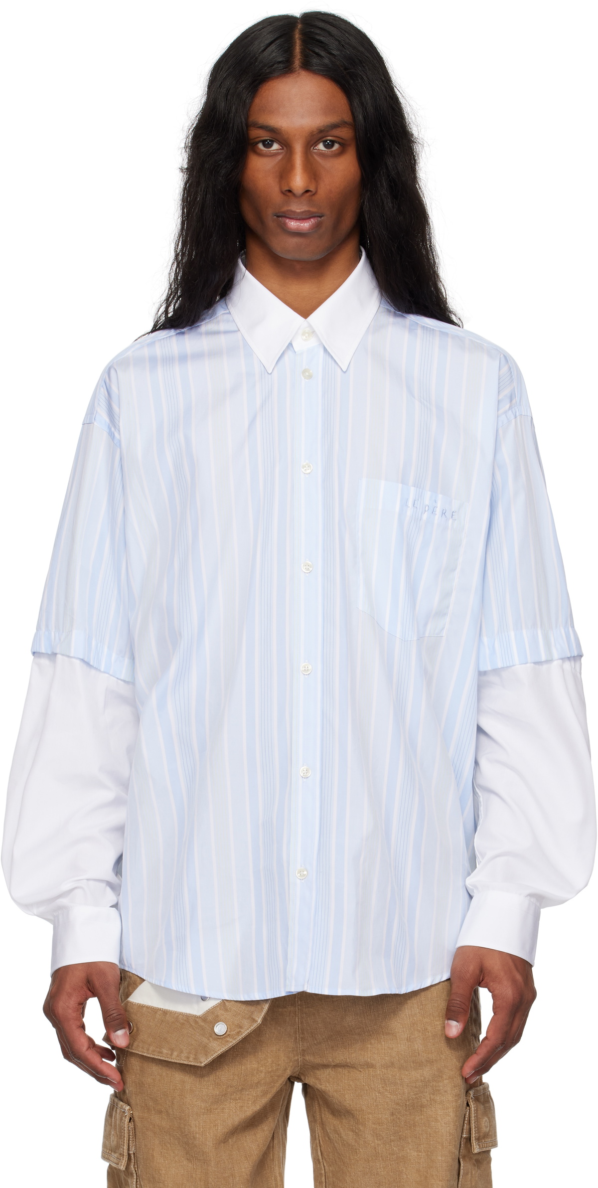 le PÈRE Blue & White Detached Sleeve Button Down Shirt