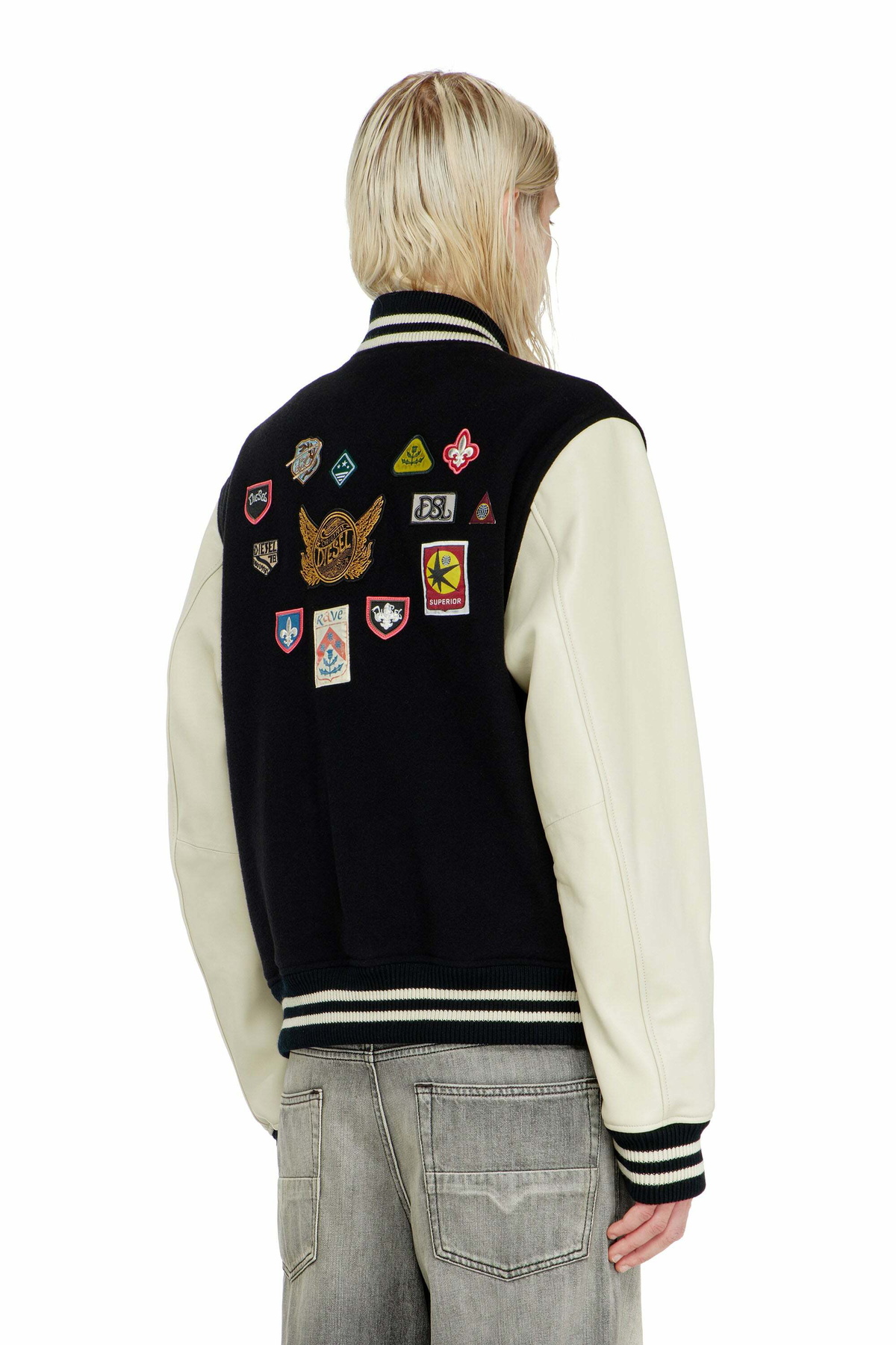 Diesel Wool and leather bomber jacket with patches - Leather jackets Mens in Multicolor