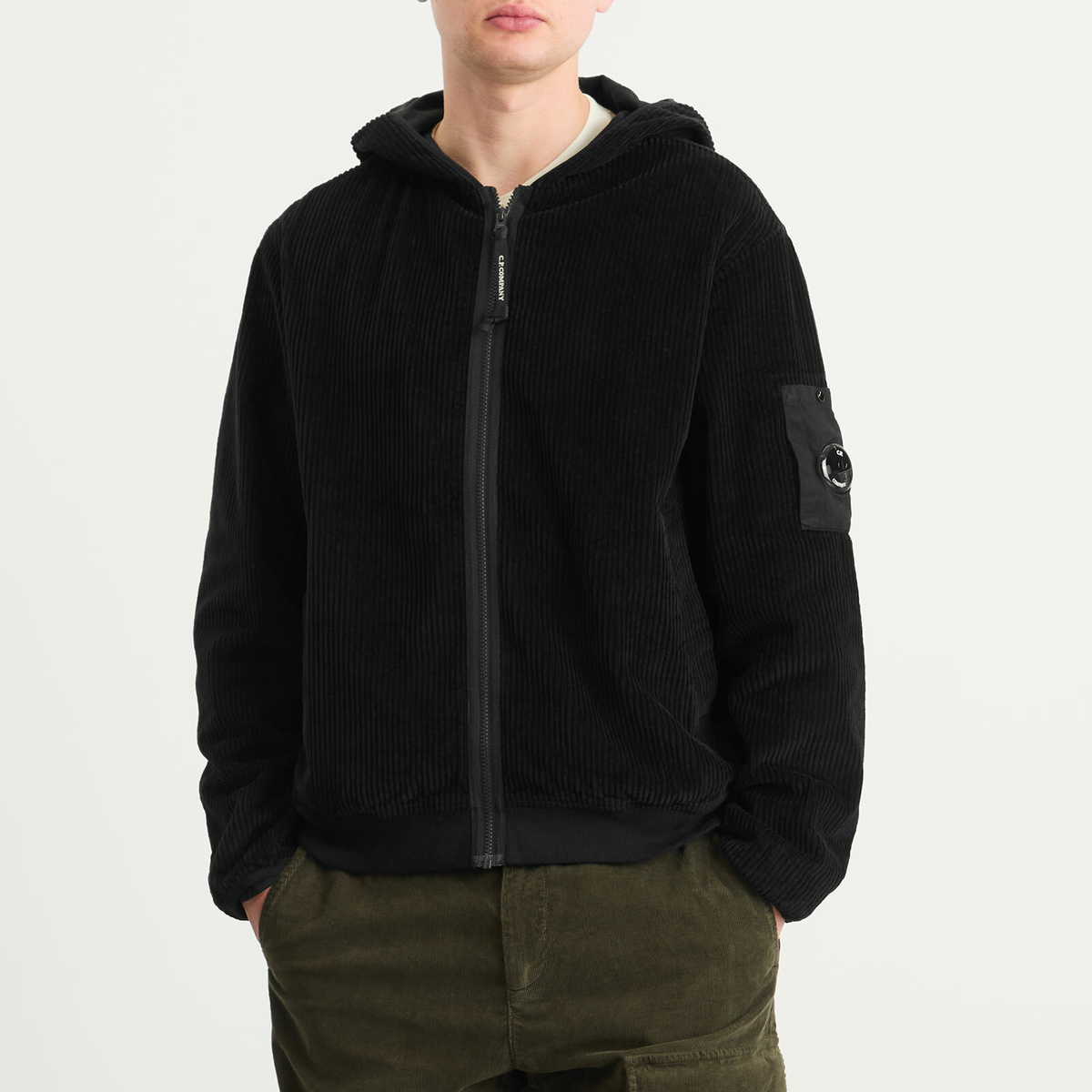 C.P. Company Men's Corduroy Lens Zip Hoodie in Black C.P. Company