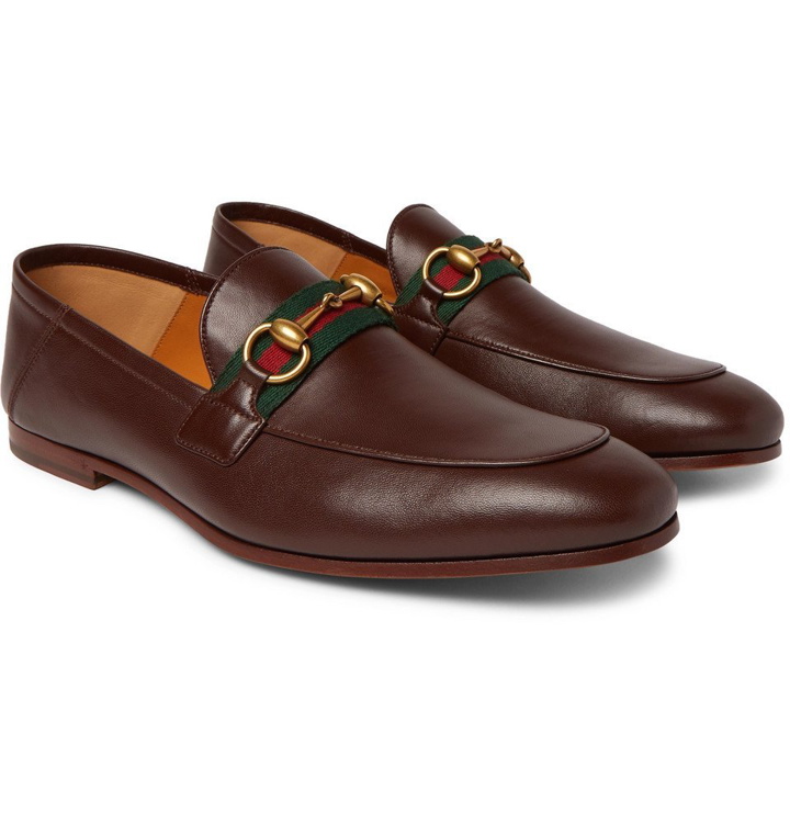 Photo: Gucci - Brixton Webbing-Trimmed Horsebit Collapsible-Heel Leather Loafers - Brown