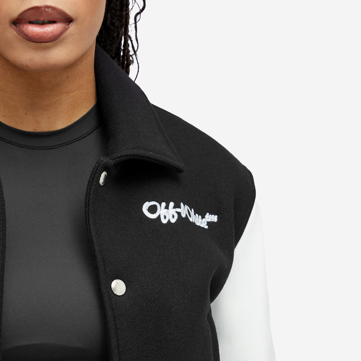 Off-White Women's WO Simple Cropped Varsity Jacket in Black White