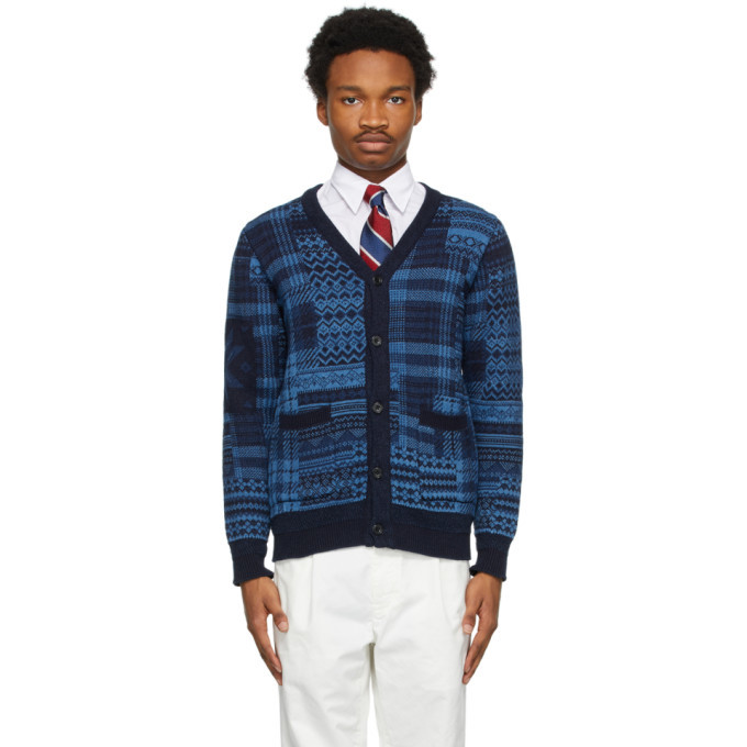 Photo: BEAMS PLUS Blue Knit Jacquard Patchwork Cardigan