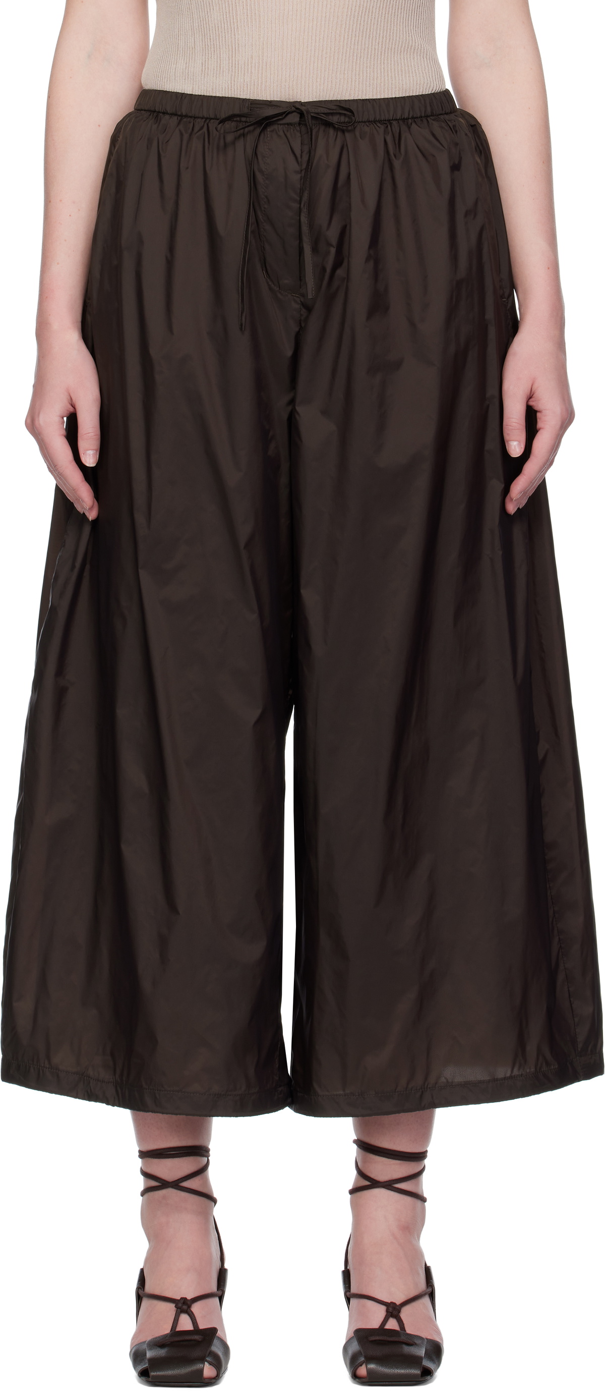 AMOMENTO Brown Nylon Shirring Lounge Pants