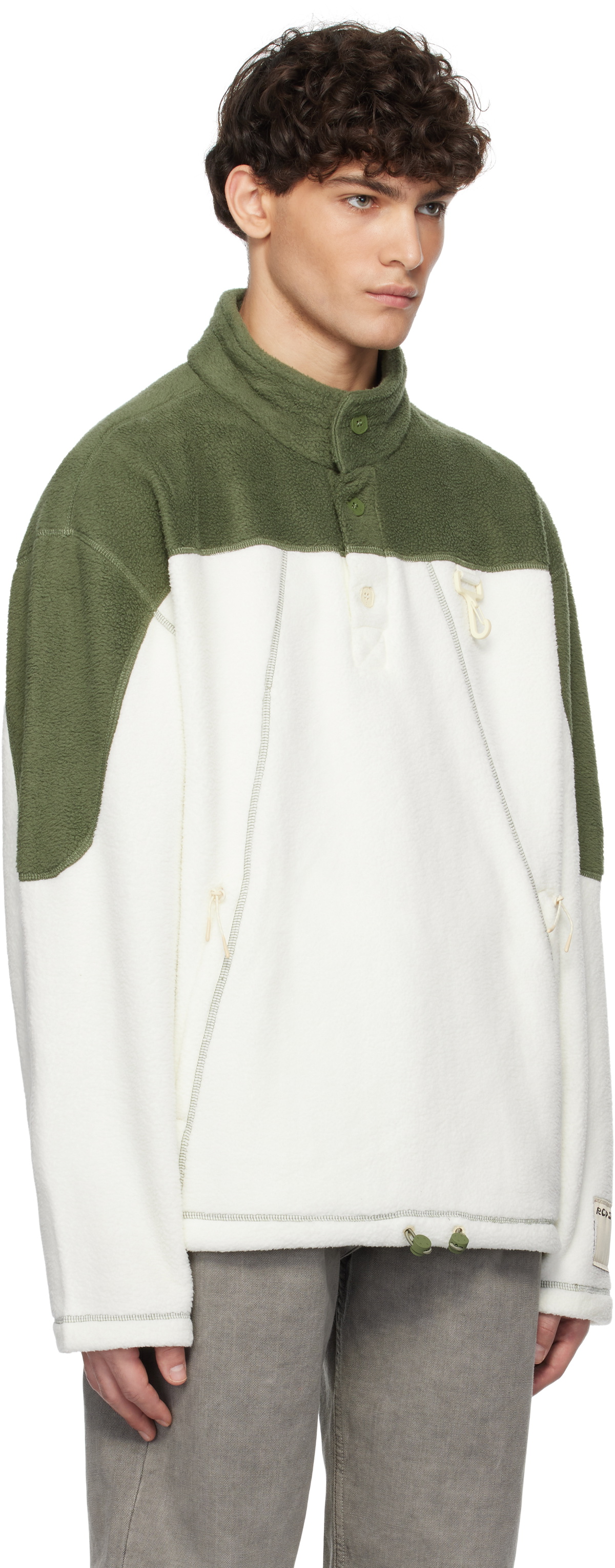 RCOS Off White & Green Sherpa Fleece Collared Jacket