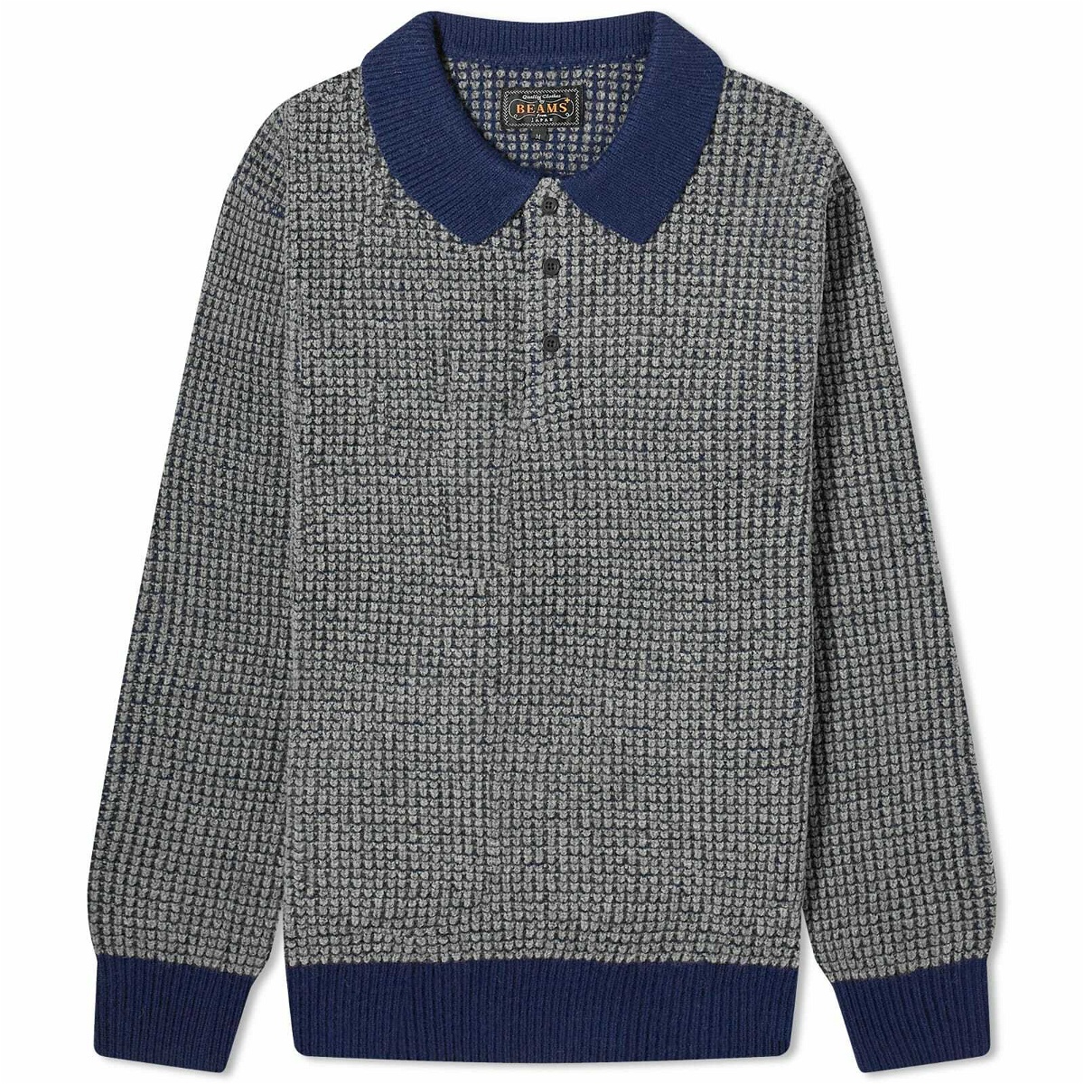 Photo: Beams Plus Men's Crochet Long Sleeve Polo Shirt in Navy/Grey