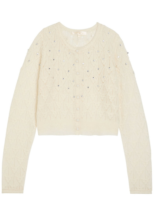 Photo: Loveshackfancy Calico Embellished Pointelle-knit Cropped Cardigan Ivory