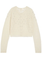 Loveshackfancy Calico Embellished Pointelle-knit Cropped Cardigan Ivory