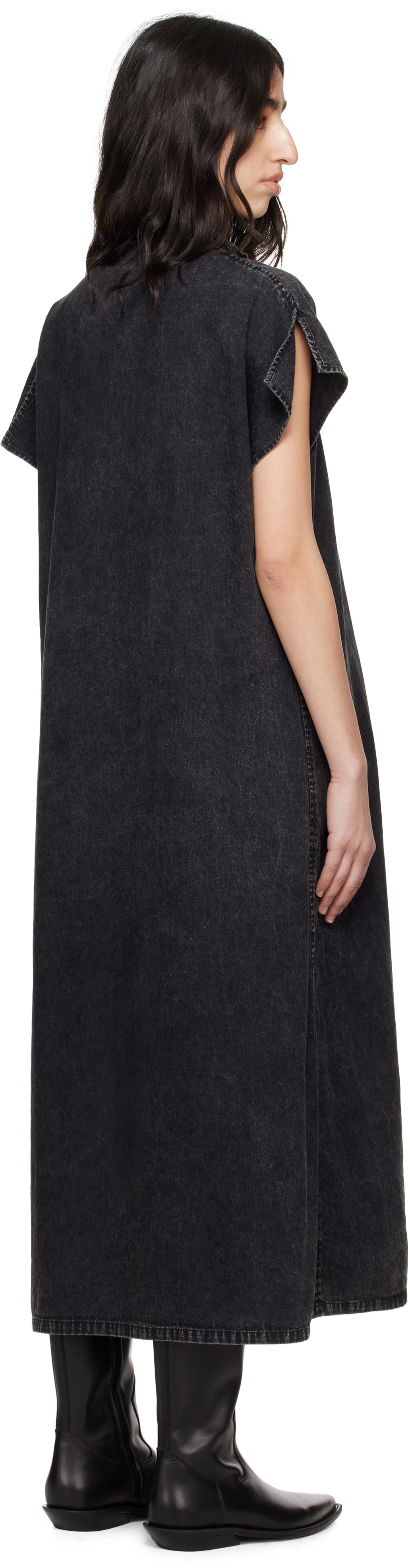 Y's Black 6oz Bleached Denim French Sleeve Shirt Maxi Dress