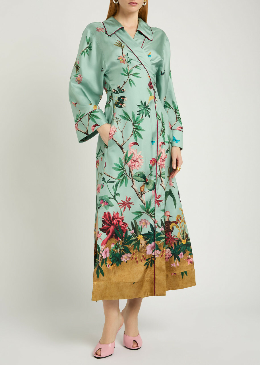 LA Double J Midnight Printed Silk Midi Wrap Shirt Dress Blue