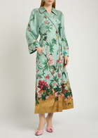 LA Double J Midnight Printed Silk Midi Wrap Shirt Dress Blue