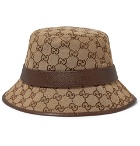 Gucci - Leather-Trimmed Monogrammed Canvas Bucket Hat - Brown