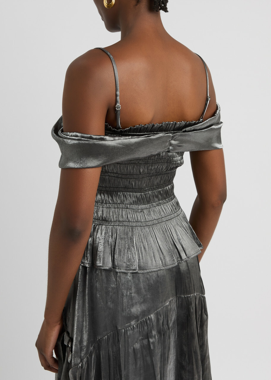 Damson Madder Elsa Smocked Metallic Taffeta top Grey Damson Madder