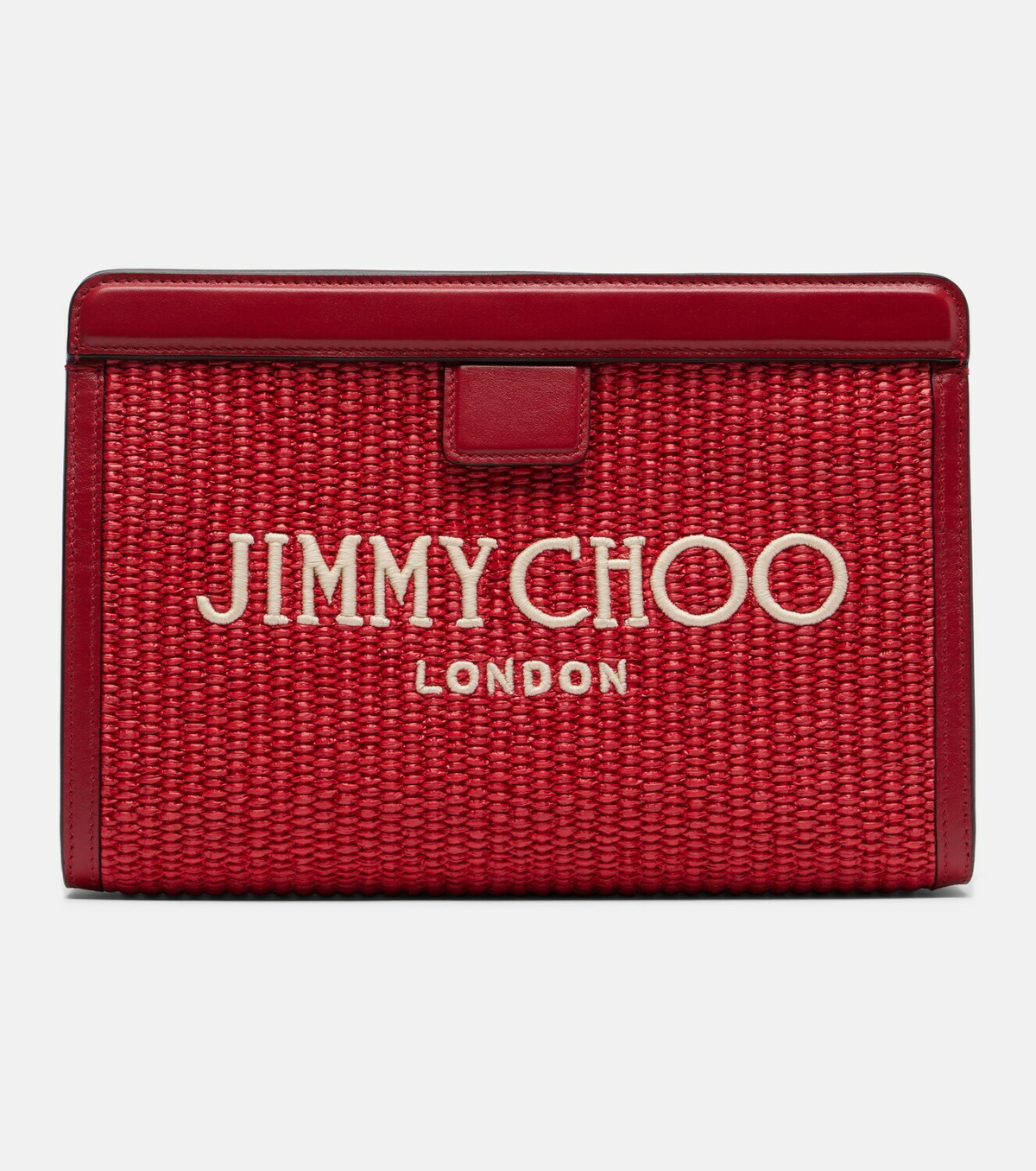 Jimmy Choo Avenue Small leather-trimmed raffia pouch