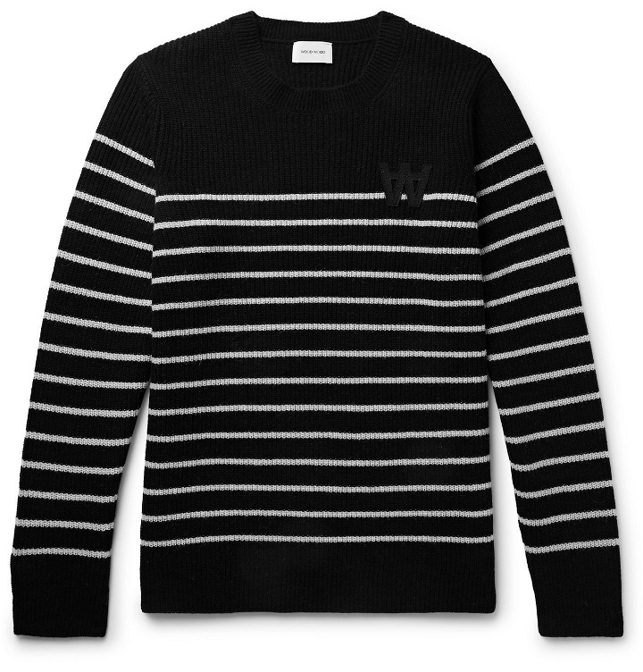 Photo: Wood Wood - Louis Logo-Appliquéd Striped Wool-Blend Sweater - Black