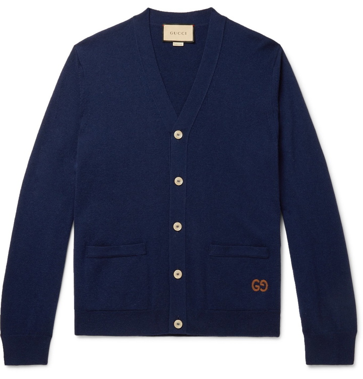 Photo: GUCCI - Logo-Embroidered Cashmere Cardigan - Blue
