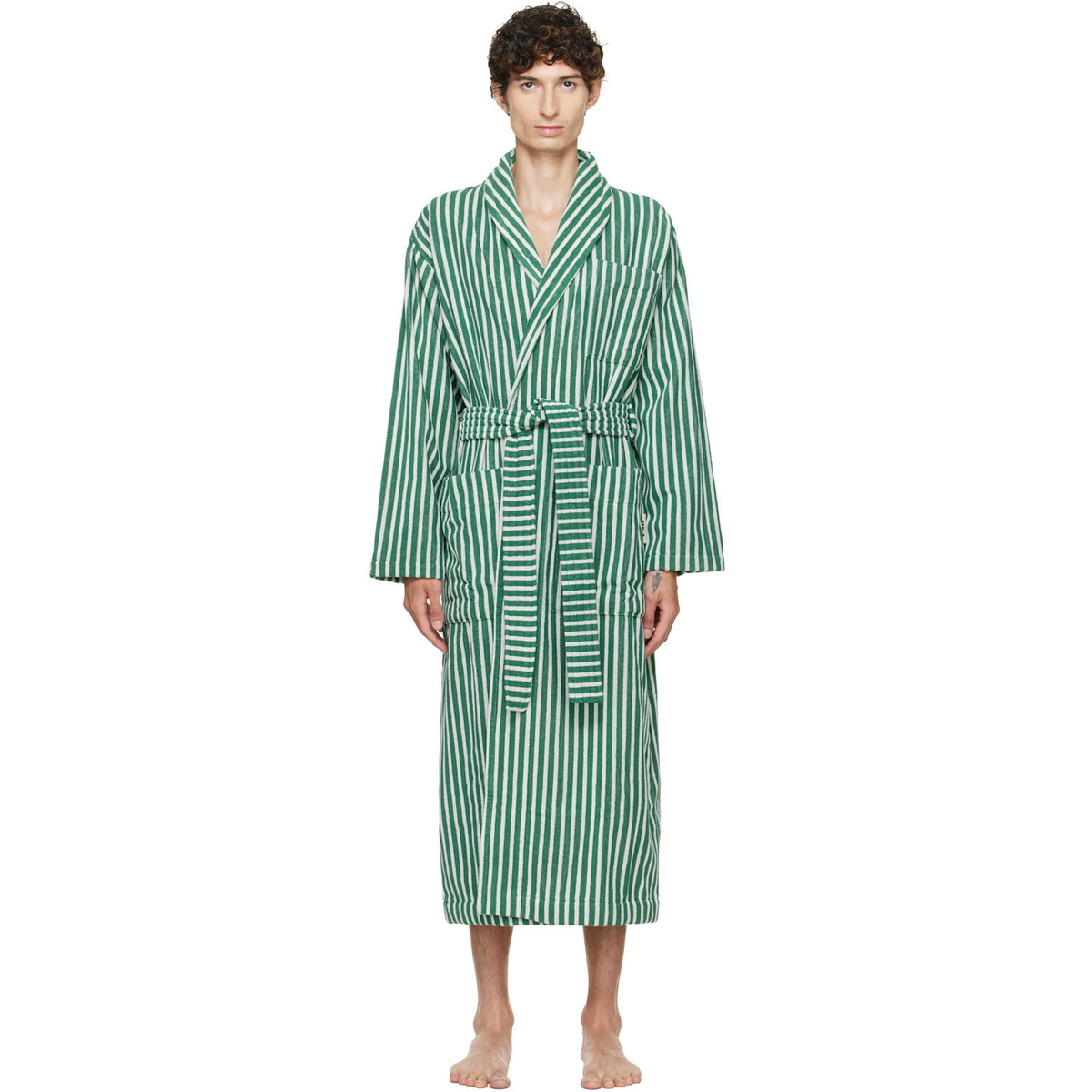 Tekla Green & White Terry Classic Bathrobe