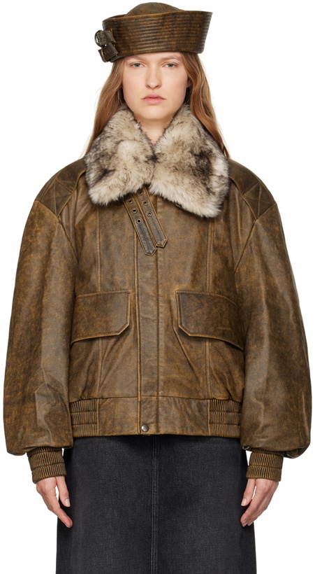 Photo: VAQUERA Brown Faded Leather Bomber Jacket